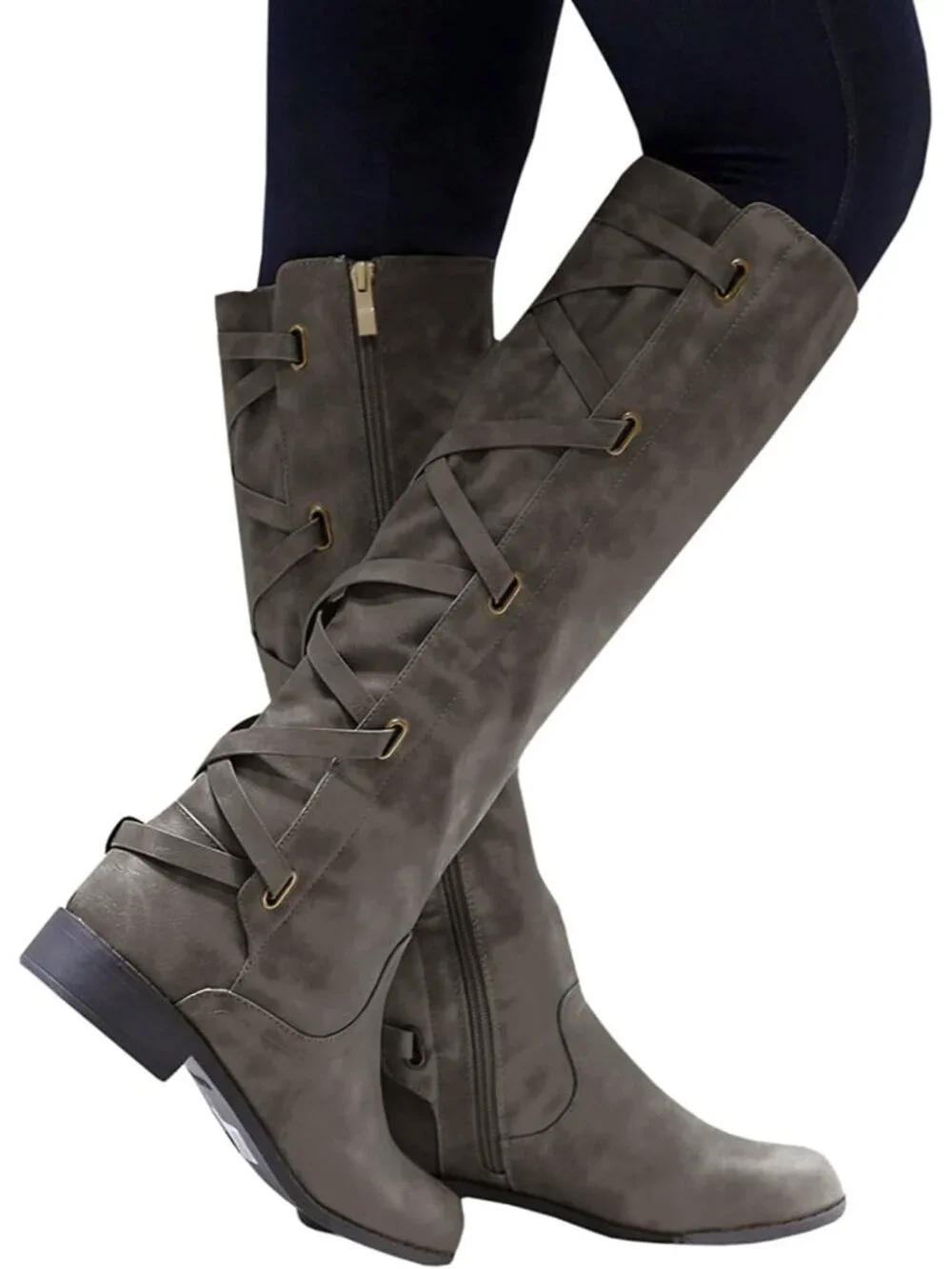 Women's Light Grey Faux Leather Strappy Motorcycle Lace Up Low Heel High Boots
